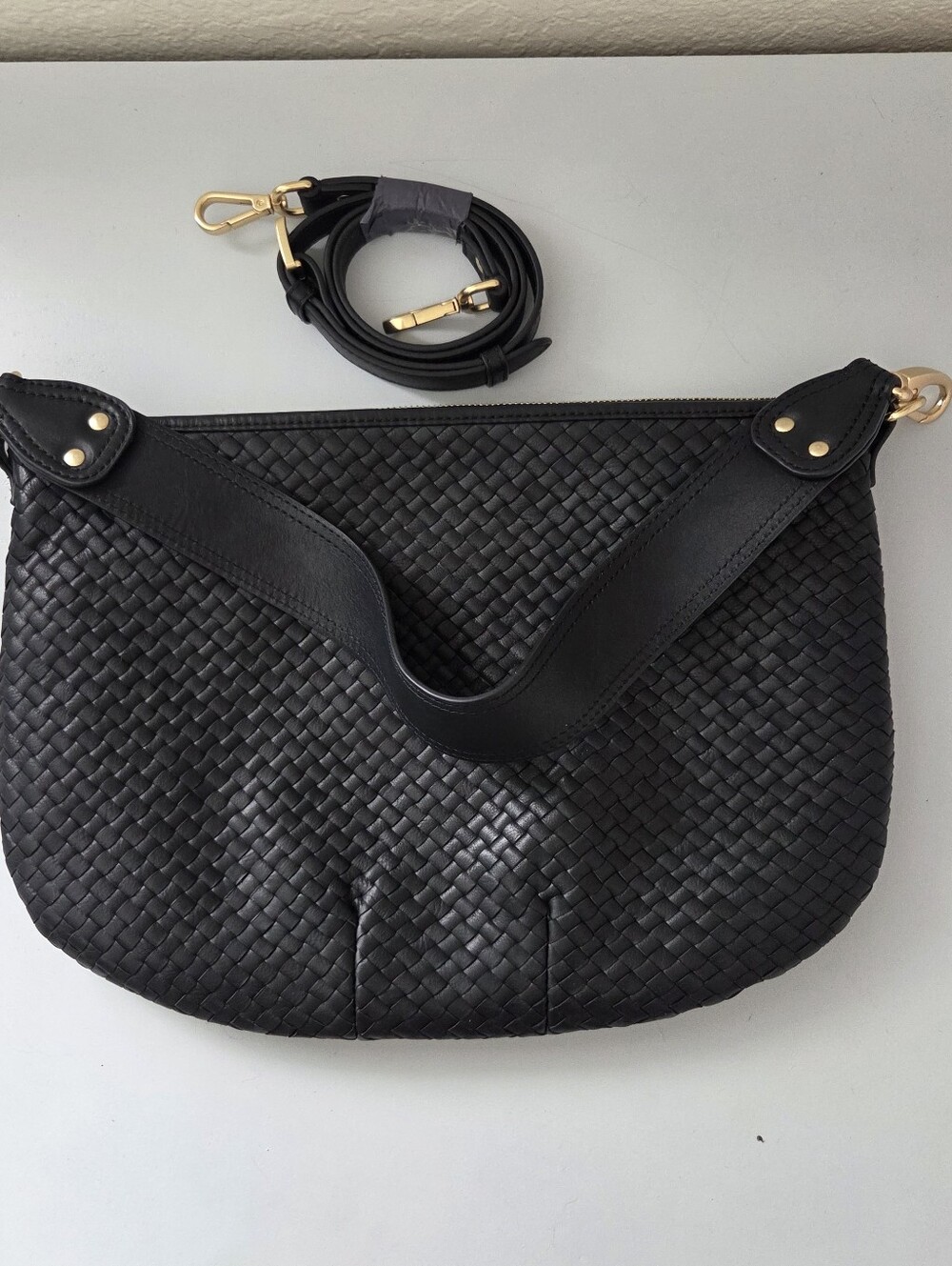 Quince Italian Leather Convertible Crescent Handwoven Shoulder Bag In Black